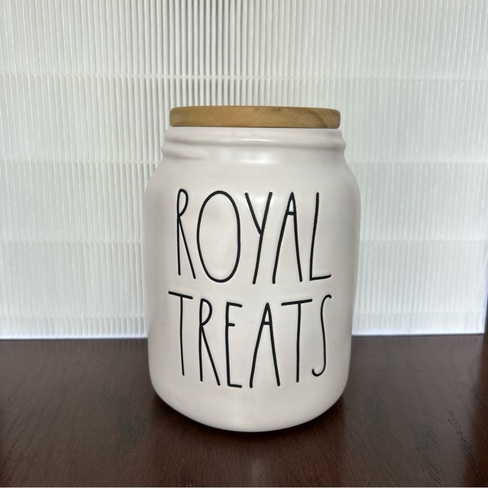 Rae Dunn "Dog Treats” Ceramic Canister With Wood Lid (Dog Treat Jar)